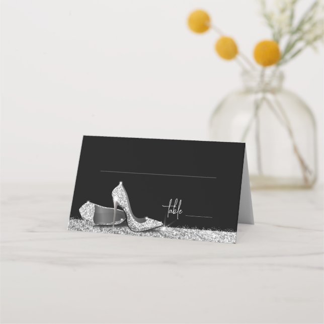 Silver Glitter Modern Glam High Heel Shoes Place Card (Front)