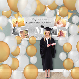 Silver Glitter Monogram 6 Photo Elegant Grad Party Banner