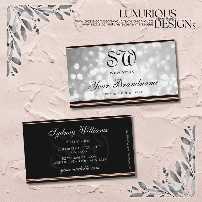 Silver Glitter Monogram Black and Rose Gold Border Business Card (Creator Uploaded)