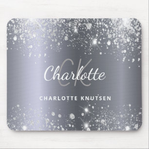 Silver glitter monogram initails name glamourous mouse pad