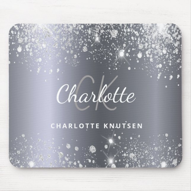 Silver glitter monogram initails name glamourous mouse pad (Front)