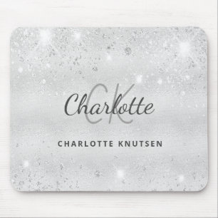 Silver glitter monogram initails name metallic mouse pad