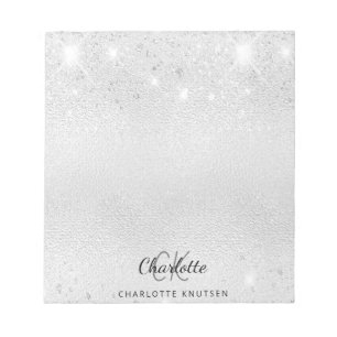 Silver glitter monogram initials name metallic notepad