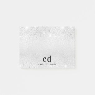 Silver glitter monogram initials name post-it notes