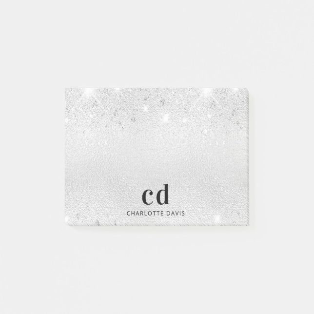 Silver glitter monogram initials name post-it notes (Front)