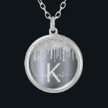 Silver glitter monogram modern elegant name silver plated necklace<br><div class="desc">Girly, trendy and monogrammed. A faux silver background decorated with faux silver glitter drips, paint dripping look. Personalize and add a name and monogram letter. Grey and white coloured letters. The name is written with a modern hand lettered style script with swashes. To keep the swashes only delete the sample...</div>