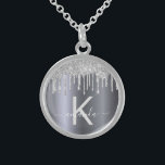 Silver glitter monogram modern elegant name sterling silver necklace<br><div class="desc">Girly, trendy and monogrammed. A faux silver background decorated with faux silver glitter drips, paint dripping look. Personalize and add a name and monogram letter. Grey and white coloured letters. The name is written with a modern hand lettered style script with swashes. To keep the swashes only delete the sample...</div>