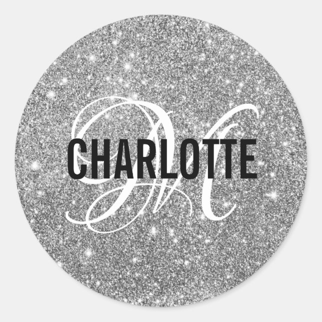 Silver glitter monogram name Classic Round Sticker (Front)