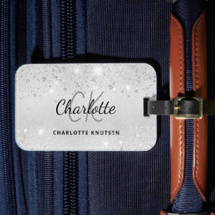 Silver glitter monogram name elegant luggage tag