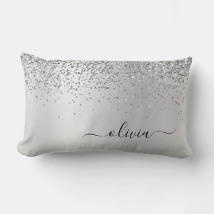 Silver Glitter Monogram Name Luxury Girly Lumbar Pillow