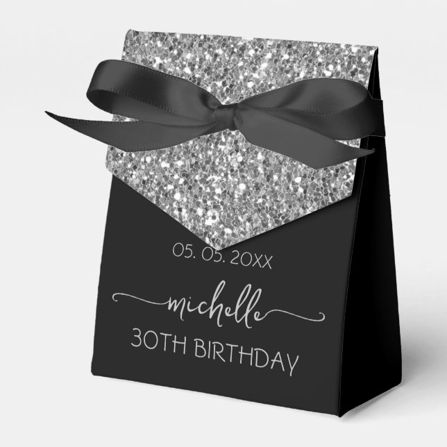 Silver Glitter Monogram Name Script 30th Birthday  Favor Box (Front Side)