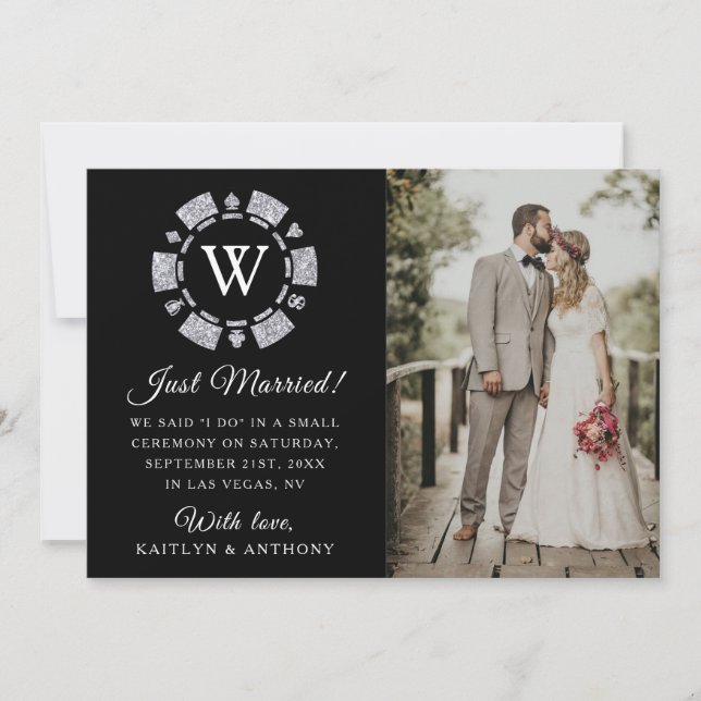 Silver Glitter Monogram Poker Chip Casino Wedding Announcement (Front)