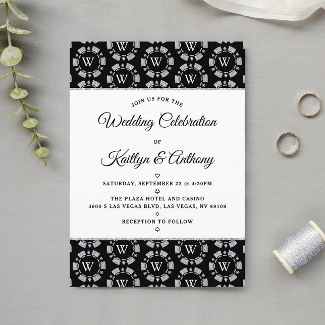 Silver Glitter Monogram Poker Chip Casino Wedding Invitation (Creator Uploaded)