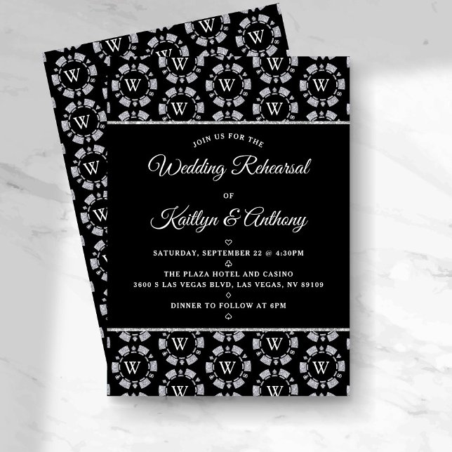 Silver Glitter Monogram Poker Chip Casino Wedding Invitation (Creator Uploaded)