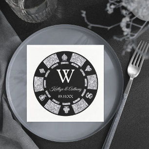 Silver Glitter Monogram Poker Chip Casino Wedding Napkin