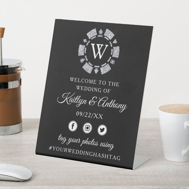 Silver Glitter Monogram Poker Chip Casino Wedding Pedestal Sign (In SItu)