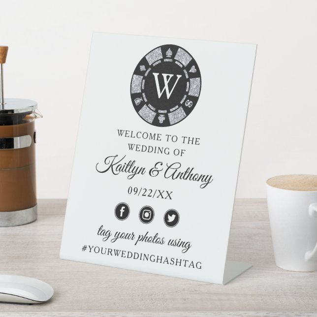 Silver Glitter Monogram Poker Chip Casino Wedding Pedestal Sign (In SItu)