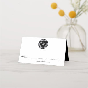 Silver Glitter Monogram Poker Chip Casino Wedding Place Card