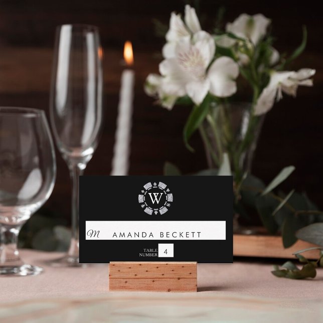 Silver Glitter Monogram Poker Chip Casino Wedding Place Card (Creator Uploaded)