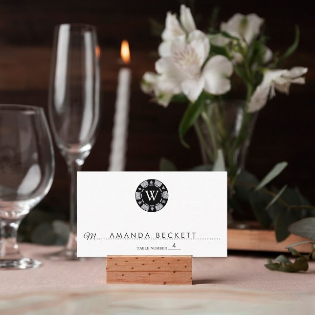 Silver Glitter Monogram Poker Chip Casino Wedding Place Card (Creator Uploaded)