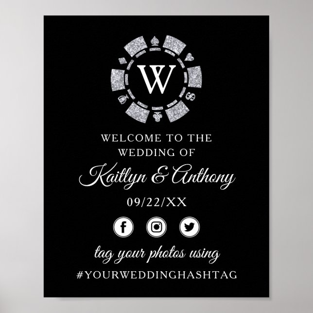 Silver Glitter Monogram Poker Chip Casino Wedding Poster (Front)