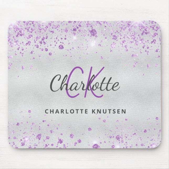 Silver glitter monogram purple name metallic mouse pad (Front)