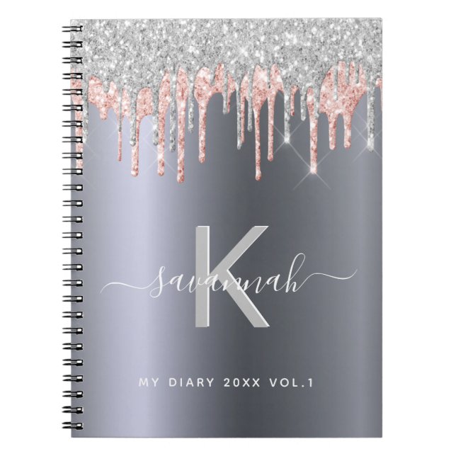 Silver glitter monogram rose gold pink diary notebook (Front)