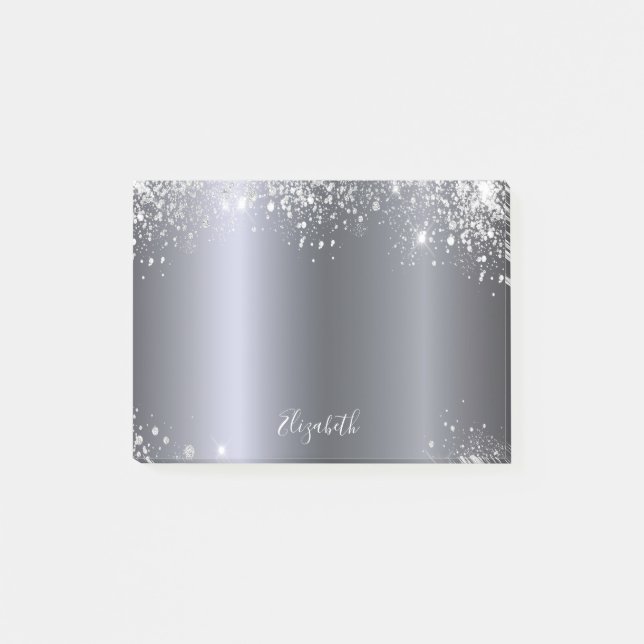 Silver glitter monogram script post-it notes (Front)