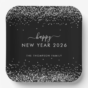 Silver Glitter Name Black Happy New Year 2026 Paper Plate