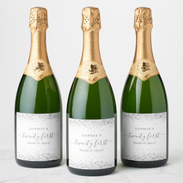 Silver Glitter Name Cheers Twenty First Birthday Sparkling Wine Label (Bottles)