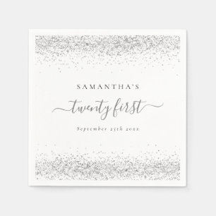 Silver Glitter Name Date Twenty First Party Napkin