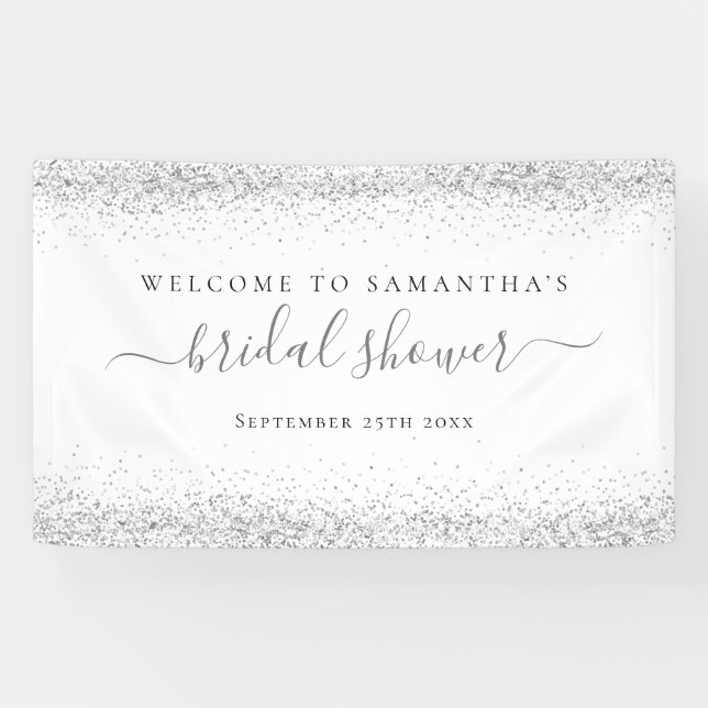 Silver Glitter Name Date Welcome to Bridal Shower Banner (Horizontal)