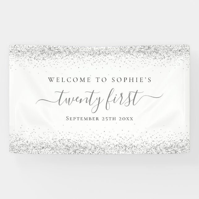 Silver Glitter Name Date Welcome to Twenty First Banner (Horizontal)