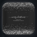 Silver Glitter Name Merry Christmas Black Paper Plate<br><div class="desc">Silver Glitter Name Merry Christmas Black. A touch of sparkle for your festive table, with a border of faux glitter at the top and bottom, and Merry Christmas is in an elegant handwritten style script. Easily personalise with your name and return address. You can also change the text and background...</div>