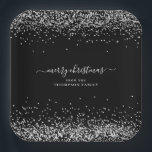 Silver Glitter Name Merry Christmas Black Paper Plate<br><div class="desc">Silver Glitter Name Merry Christmas Black. A touch of sparkle for your festive table, with a border of faux glitter at the top and bottom, and Merry Christmas is in an elegant handwritten style script. Easily personalise with your name and return address. You can also change the text and background...</div>
