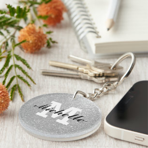 Silver glitter name monogram keychain gift