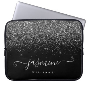 Silver glitter name monogram on black background laptop sleeve