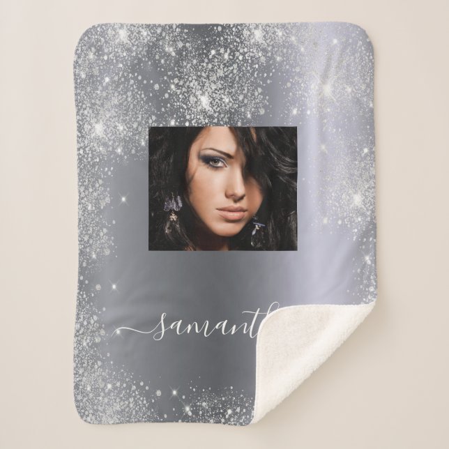 Silver glitter name photo script sherpa blanket (Front)