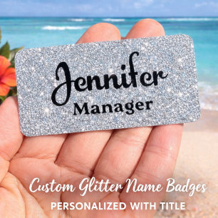 Silver Glitter name tag PIN or MAGNET work badge