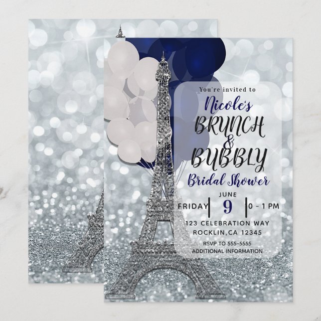 Silver Glitter Navy Balloons Eiffel Tower Paris Invitation (Front/Back)