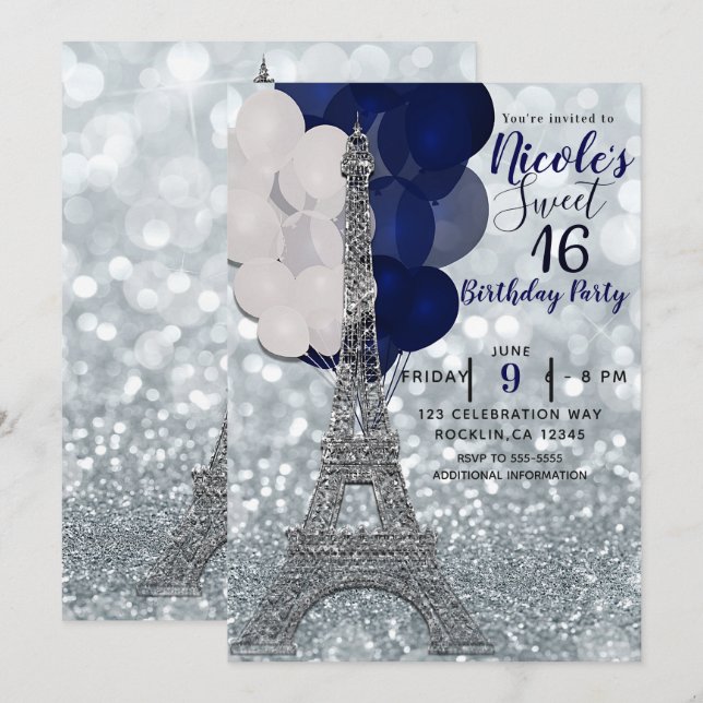 Silver Glitter Navy Balloons Paris Eiffel Tower Invitation (Front/Back)