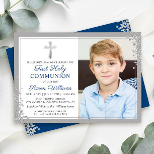 Silver Glitter Navy Blue 1st Holy Communion Photo Invitation