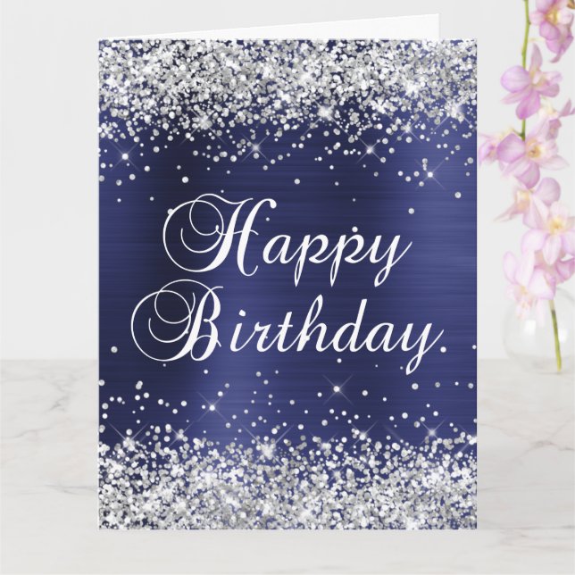 Silver Glitter Navy Blue Big Happy Birthday Card (Orchid)