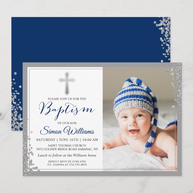 Silver Glitter Navy Blue Boy Baptism Photo Invitation (Front/Back)