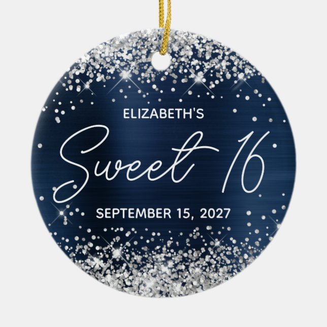 Silver Glitter Navy Blue Fancy Sweet 16 Photo Ceramic Ornament (Front)