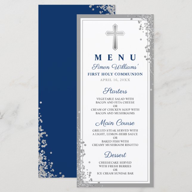 Silver Glitter Navy Blue First Communion Menu (Front/Back)
