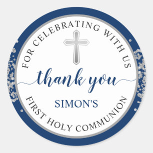 Silver Glitter Navy Blue First Communion Thank You Classic Round Sticker