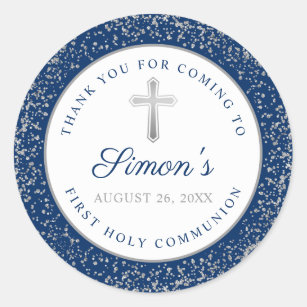 Silver Glitter Navy Blue First Holy Communion Classic Round Sticker