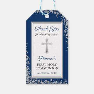 Silver Glitter Navy Blue First Holy Communion Gift Tags
