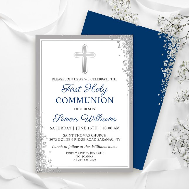 Silver Glitter Navy Blue First Holy Communion Invitation (Creator Uploaded)